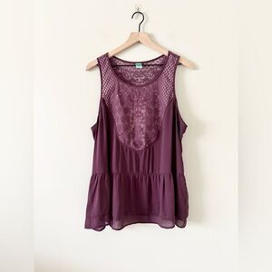 Pssst Sleeveless Peplum Blouse with Lace Front in Plum - Size 1X